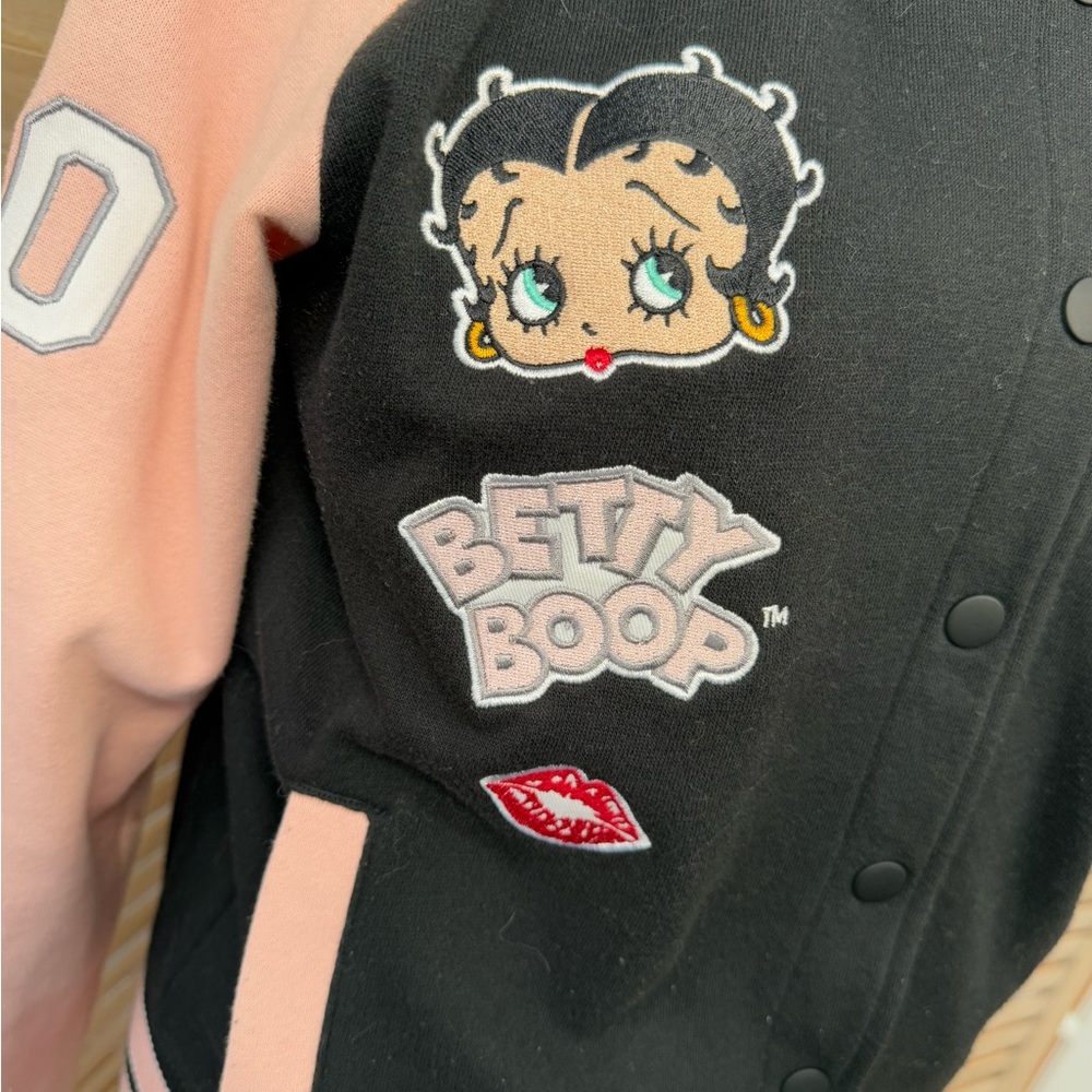 Betty Boop Varsity Letter Jacket with hood + back detail - Black and Pink - Picture 5 of 12